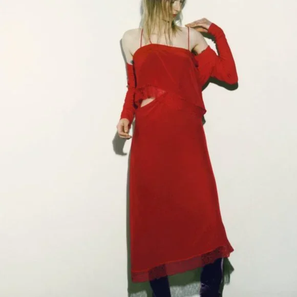 open lace back dress ZARA. Red satin dress Ts – Hibuy market main image 1